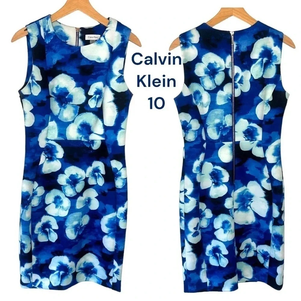 Calvin Klein Sheath Dress 10 Blue‎ Floral Watercolor Sleeveless Back Zip